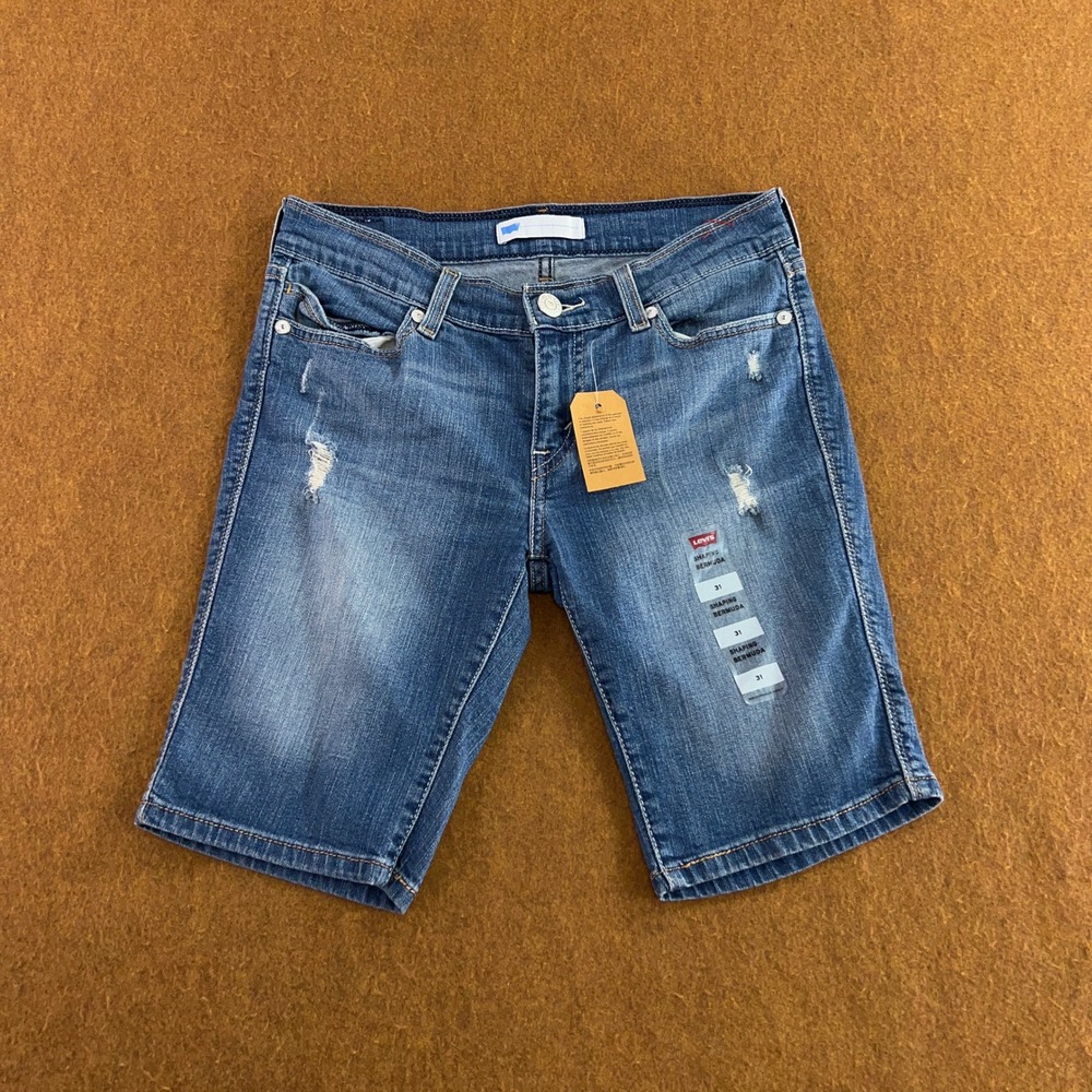 Levi's Womens 31 Blue Distressed Shaping Bermuda Denim Shorts NWT